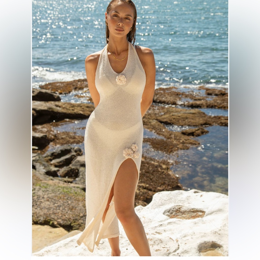 Cream Knit Halter Maxi Dress – Open Back Floral Detail Slit